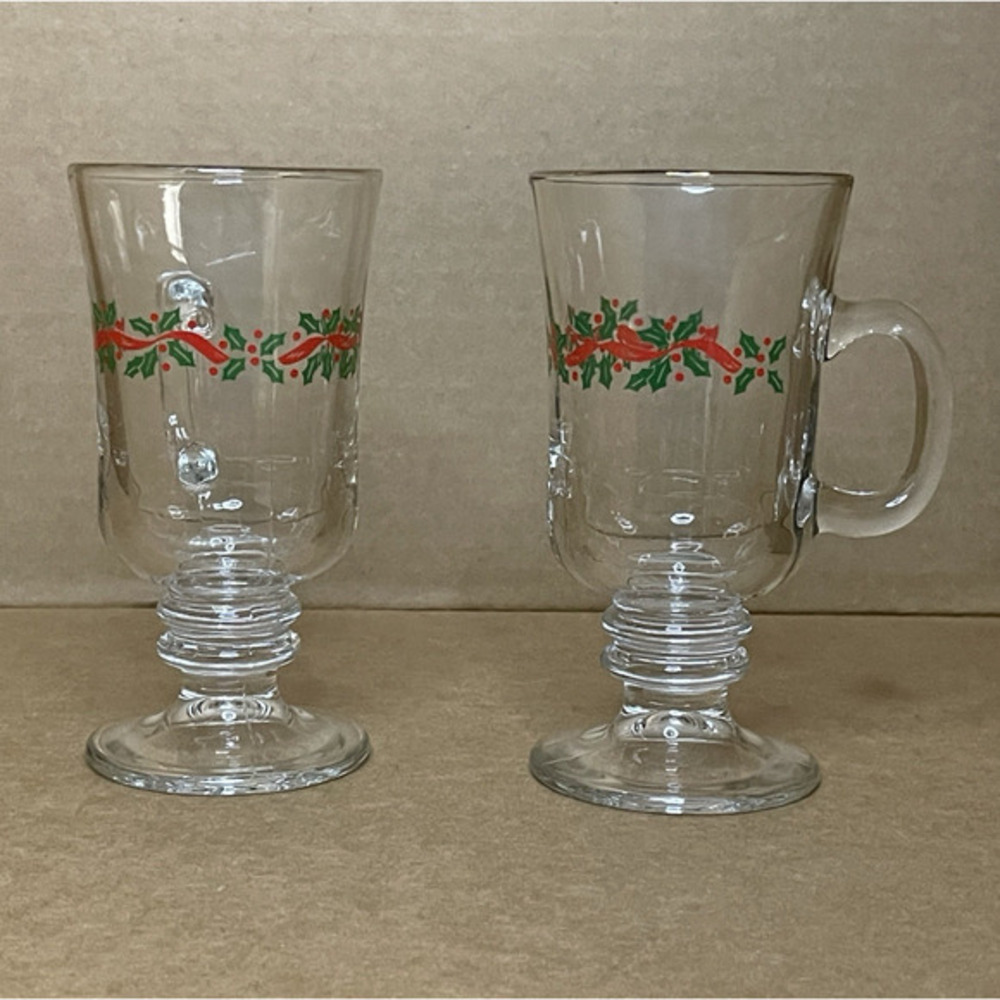 Vintage Libbey Pedestal Glasses Holly‎ Berry Gold Rim Christmas Mugs Lot of 2